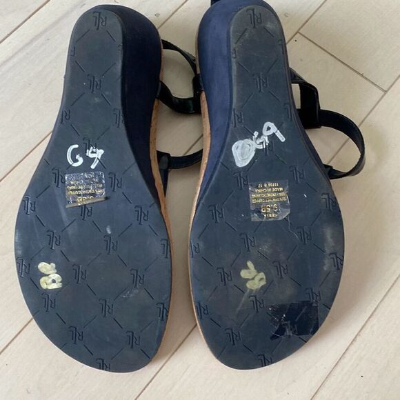 Lauren Ralph Lauren Reeta Buckle T-Strap Cork Wedge Sandals Black Tan Size 9.5B - Picture 3 of 5